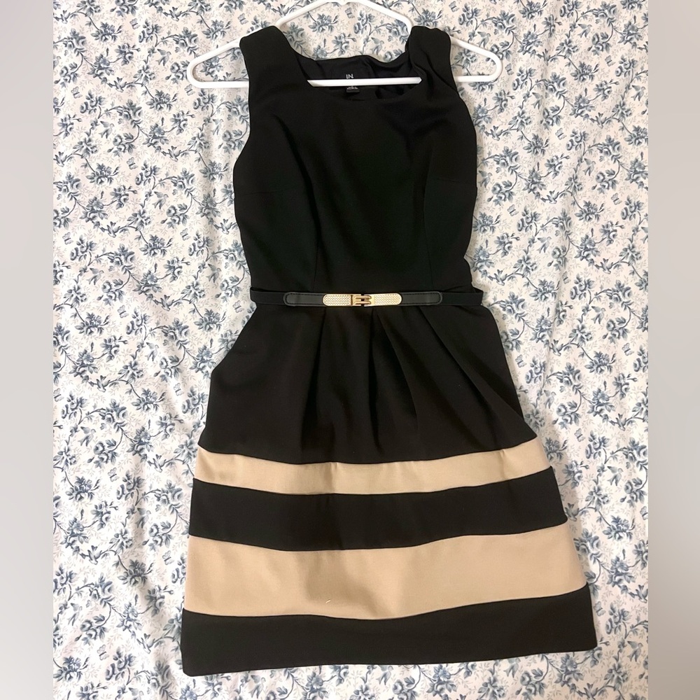 I.N. San Francisco Black and Beige Striped Belted Fit-and-Flare Midi Dress